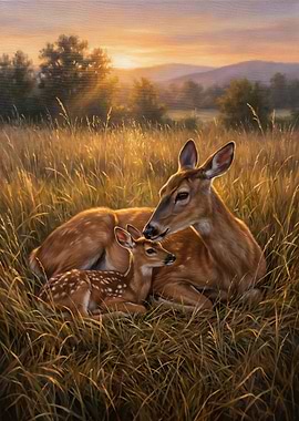 Deer Family in Golden Field