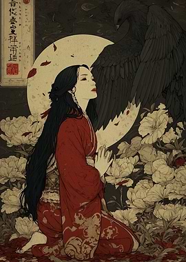 Asian Woman with Eagle and Flowers