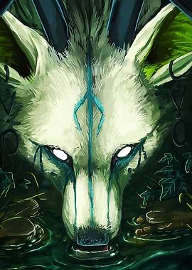 Mystical Wolf Drinking Water Illustration