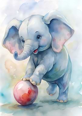 Watercolor Baby Elephant with Ball