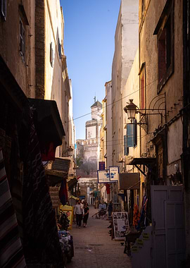 Moroccan street with tower in background