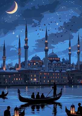 Istanbul at Night with Gondolas