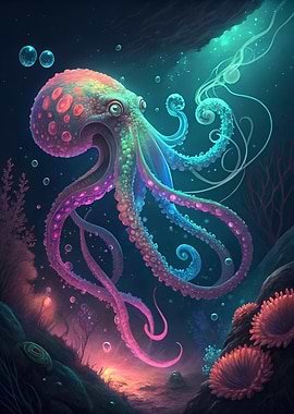 Colorful Octopus in Deep Sea