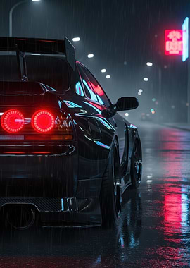 Sleek Black Car in Rainy Cityscape
