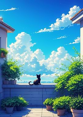 Black Cat on Balcony with City View