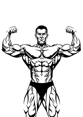 Bodybuilder Posing Black and White Illustration