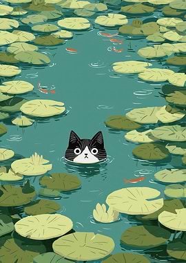 Cat in Lily Pond