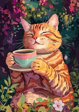 Cat with Coffee Cup in Garden
