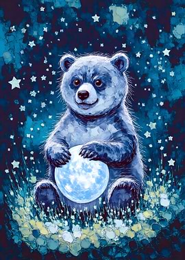 Blue Bear with Moon and Stars
