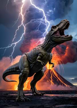 Tyrannosaurus Rex Roaring in Volcanic Landscape