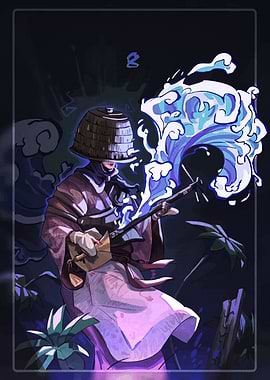 Japanese Musician with Shamisen and Waves