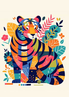 Colorful Tiger Illustration with Floral Accents