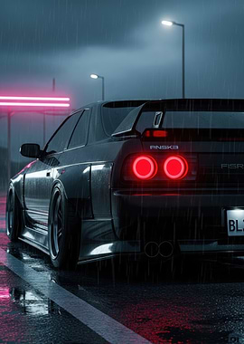 Black Car in Rainy Cityscape