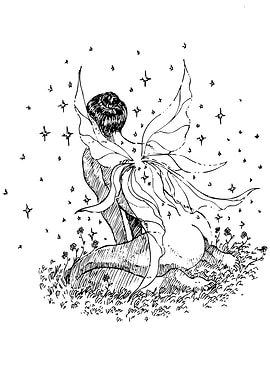 Ink Drawing of Fairy in Meadow