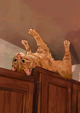Upside-Down Orange Cat on Cabinet