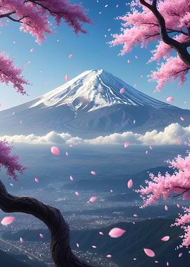“Cherry Blossom View – Majestic Mountain Art”