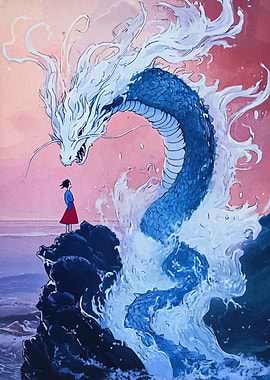 Girl and Dragon in Ocean Art