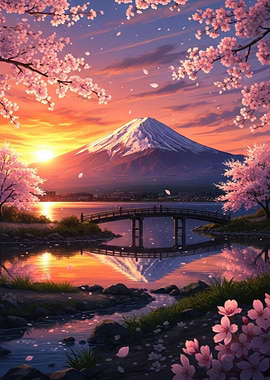 Mount Fuji Cherry Blossom Sunset