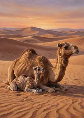 Camel and Calf in Desert Landscape