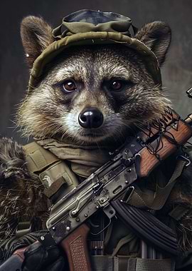 Armed Raccoon Soldier Portrait
