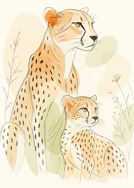 Cheetah Mother and Cub Watercolor Sketch