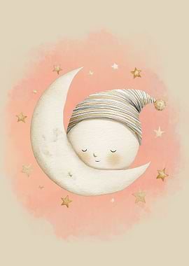 Sleeping Moon with Stars Illustration