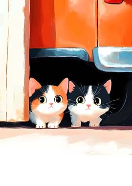 Two Cute Kittens Under a Car