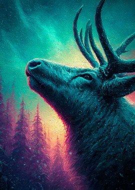Majestic Teal Deer in Forest Painting