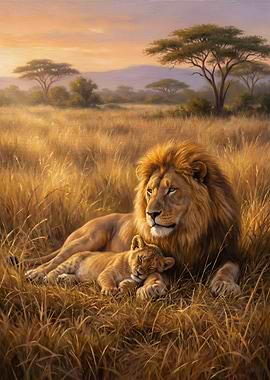 Lion and Cub in Savannah