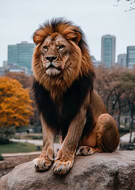 Majestic Lion Portrait in Urban Setting