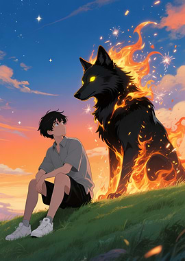 Boy and Fiery Wolf Anime Scene