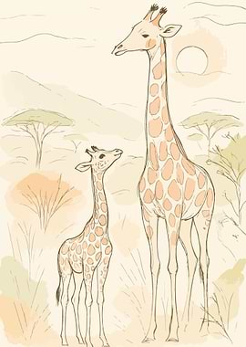 Giraffe Mother and Calf in Savanna Sketch