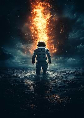 Astronaut in Ocean with Fiery Sky
