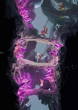 Fantasy Cave with Creatures and Crystals
