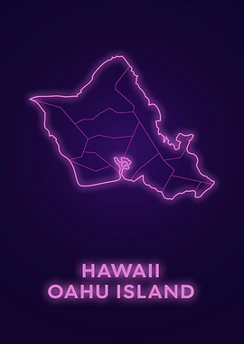 Hawaii Oahu Island Neon Map