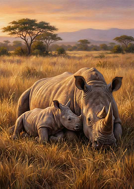 Rhino Mother and Calf in Savannah