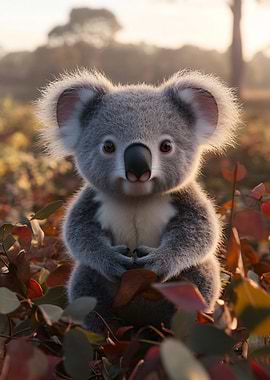 Cute Koala in Autumn Leaves