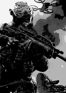 Monochrome Soldier with Drones