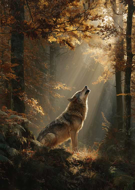Howling Wolf in Autumn Forest
