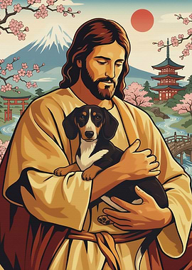 Jesus with Dachshund in Japanese Landscape