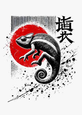 Chameleon with Japanese Sun and Text