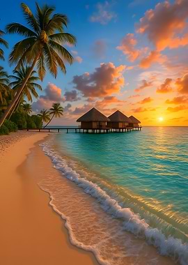Tropical Beach Sunset with Overwater Bungalows