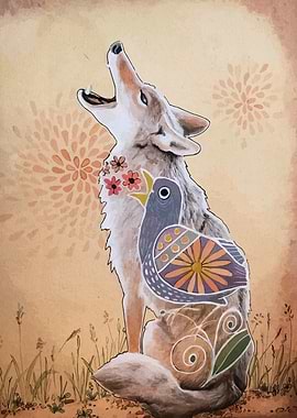 Coyote and Bird Folk Art Illustration