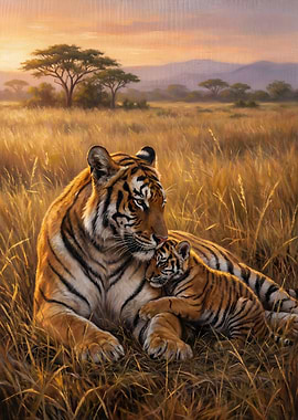 Tiger Mother and Cub in Savannah
