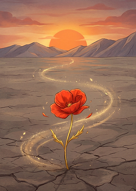 Poppy in Cracked Earth at Sunset