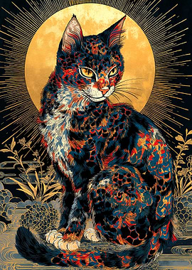 Ornate Cat Portrait with Golden Moon