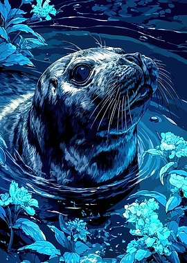 Seal in Blue Floral Waters