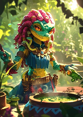 Anthropomorphic Snake Witch Brewing Potion