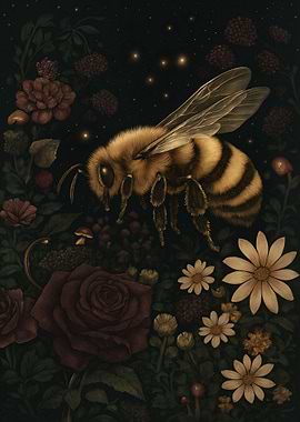 Bee in a Dark Floral Garden