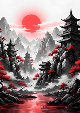 “Crimson Pagoda View – Tranquil Japanese Scene”